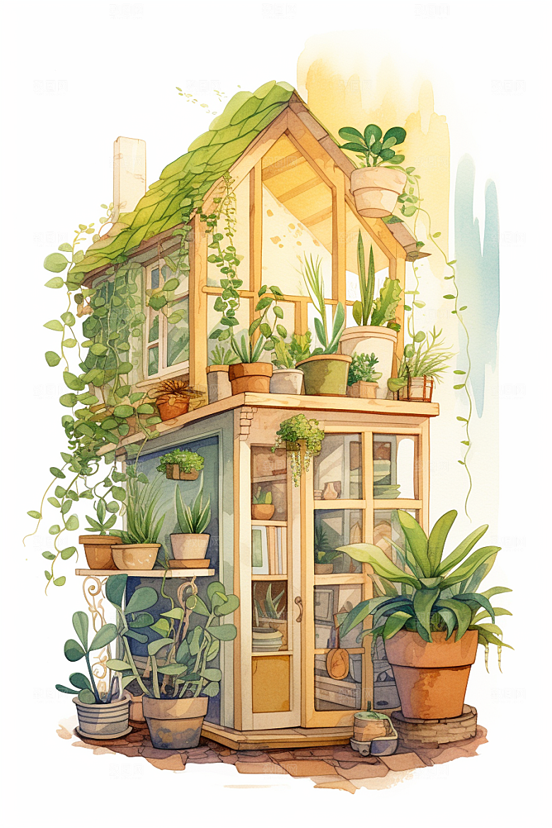 自然小屋高清唯美水彩插画