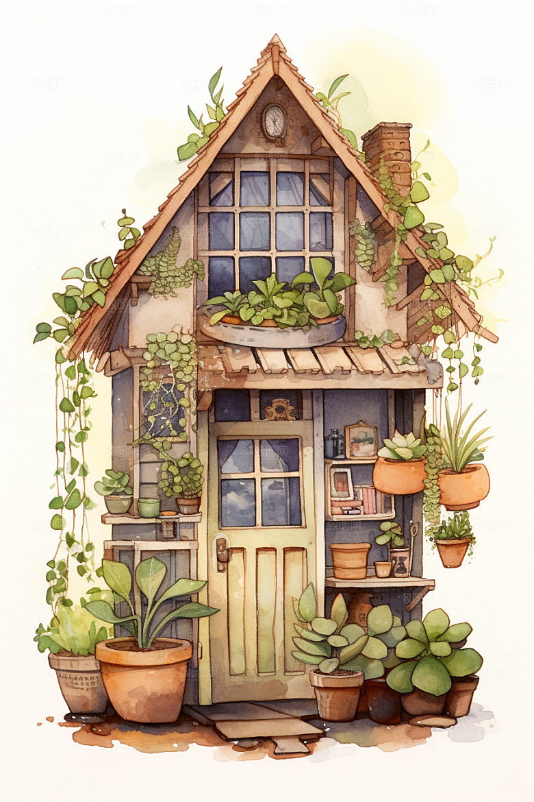 自然小屋别墅小院水彩插画