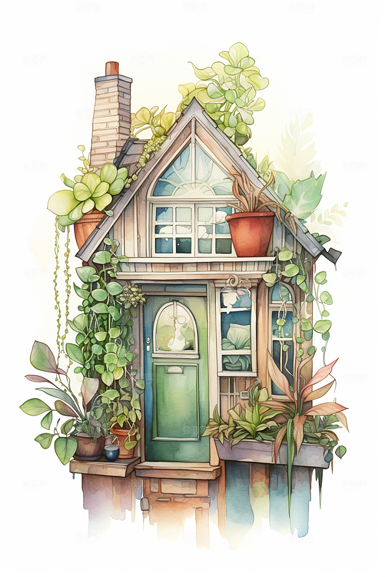 自然小屋清新高清水彩插画