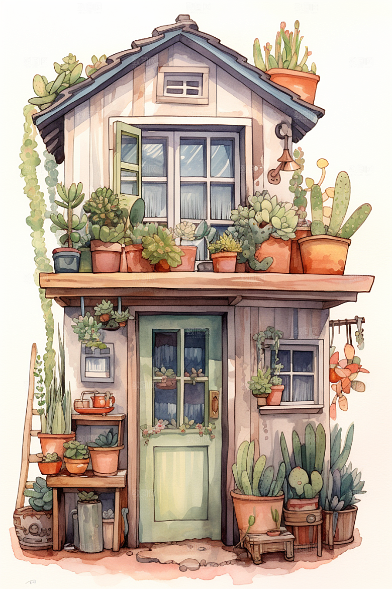 自然小屋庭院高清水彩插画