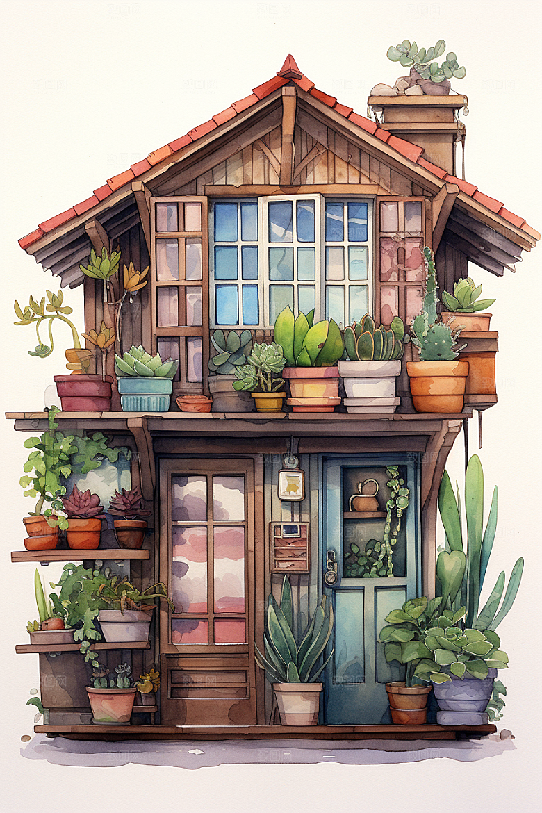 自然小屋小院绿色水彩插画