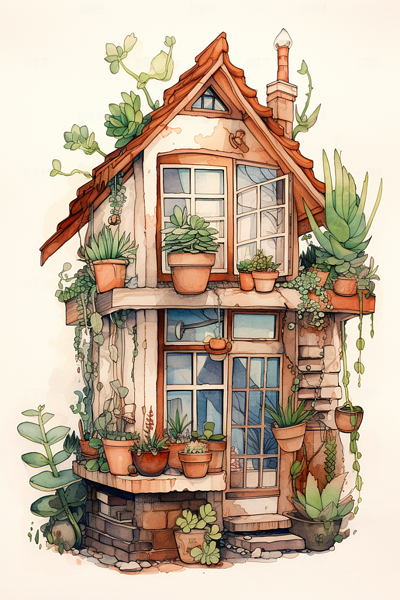 自然小屋高清绿色水彩插画