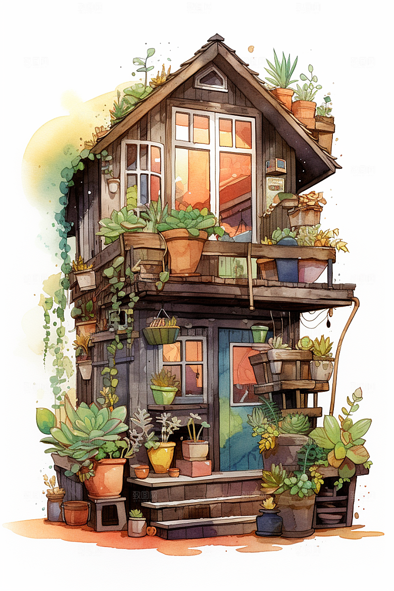 自然小屋别墅绿植水彩插画