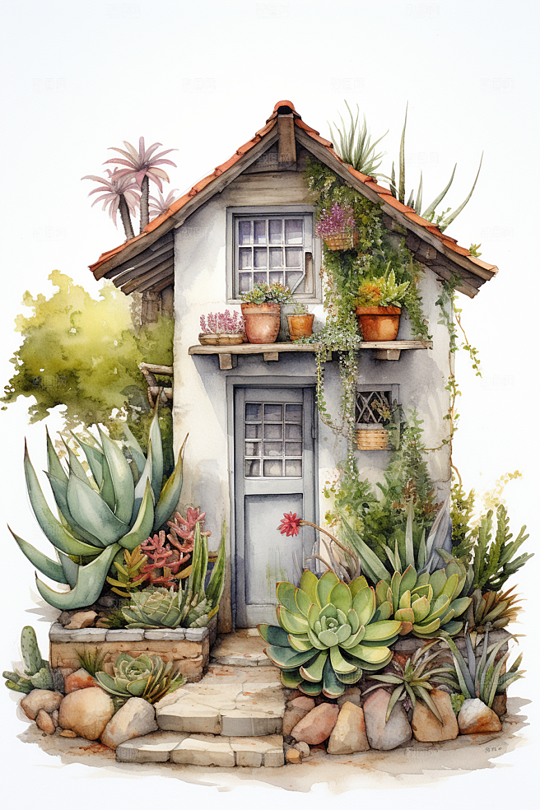 自然小屋清新花草水彩插画