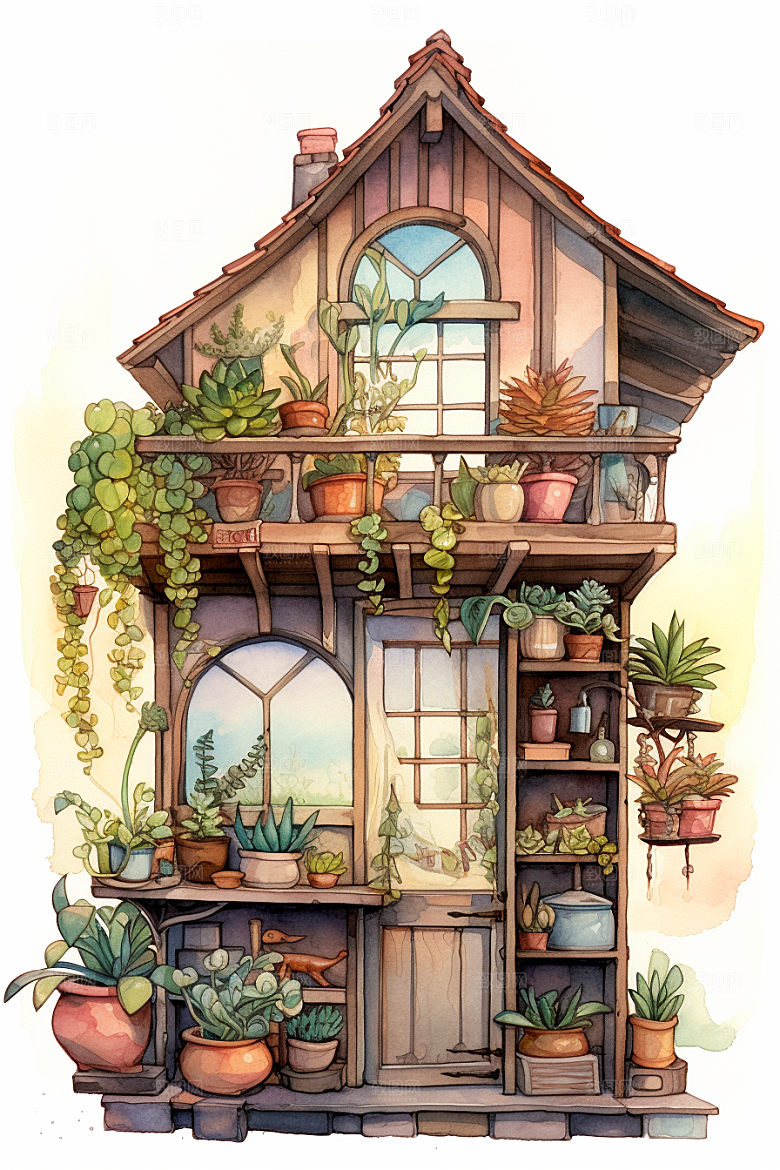 自然小屋唯美绿植水彩插画