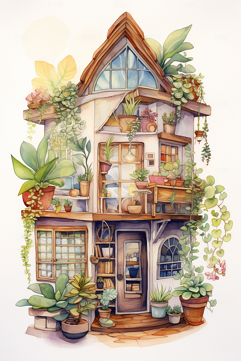 自然小屋庭院唯美水彩插画