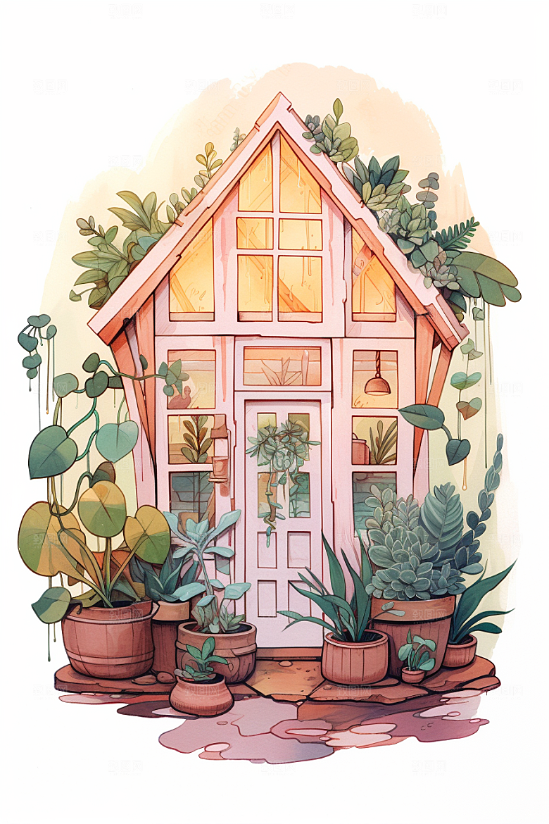 自然小屋绿色植物水彩插画