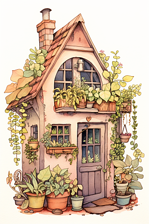 自然小屋绿植小院水彩插画