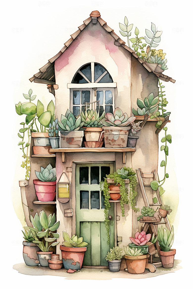 自然小屋花草清新水彩插画