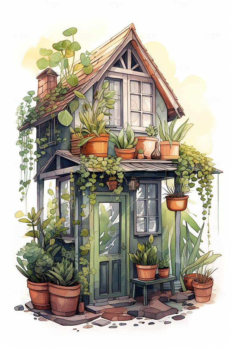 自然小屋唯美庭院水彩插画
