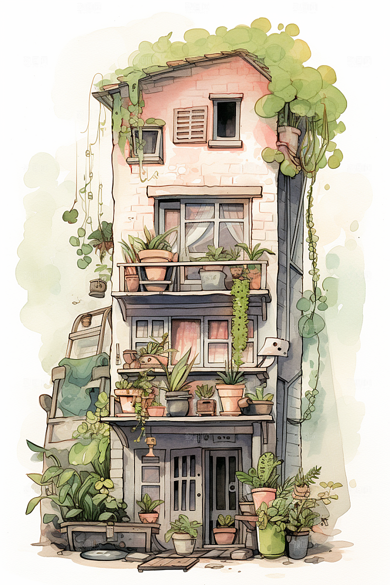 自然小屋小院唯美水彩插画