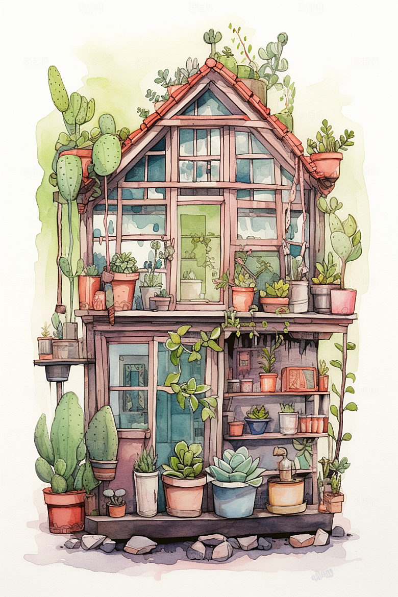 自然小屋唯美清新水彩插画