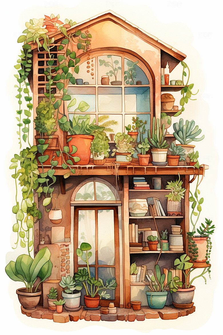 自然小屋庭院植物水彩插画