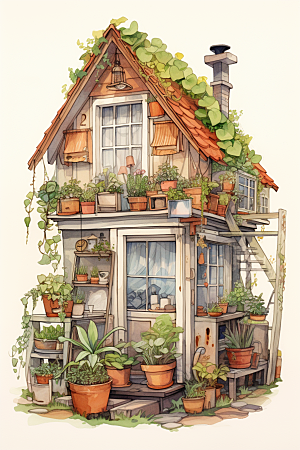 自然小屋高清别墅水彩插画