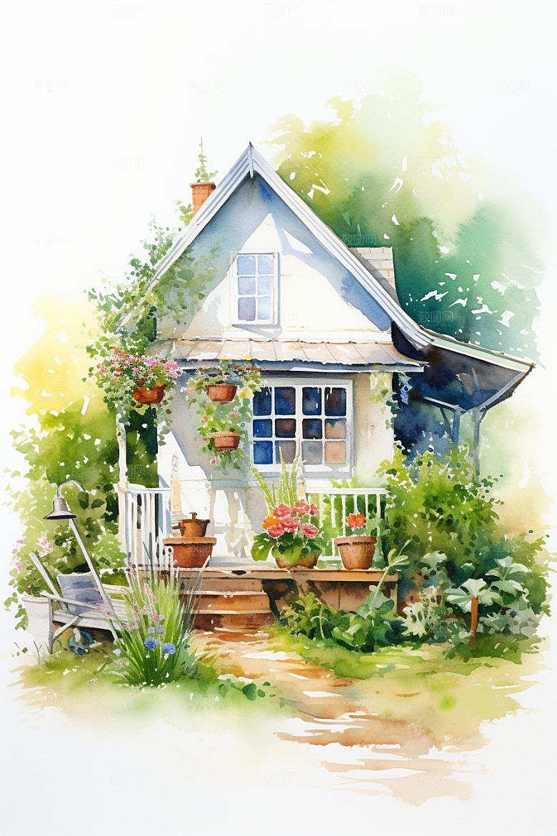 自然小屋高清花草水彩插画