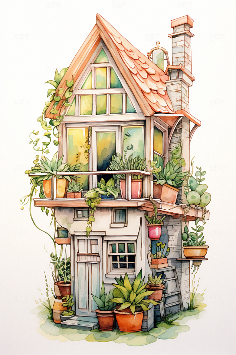自然小屋绿色小院水彩插画
