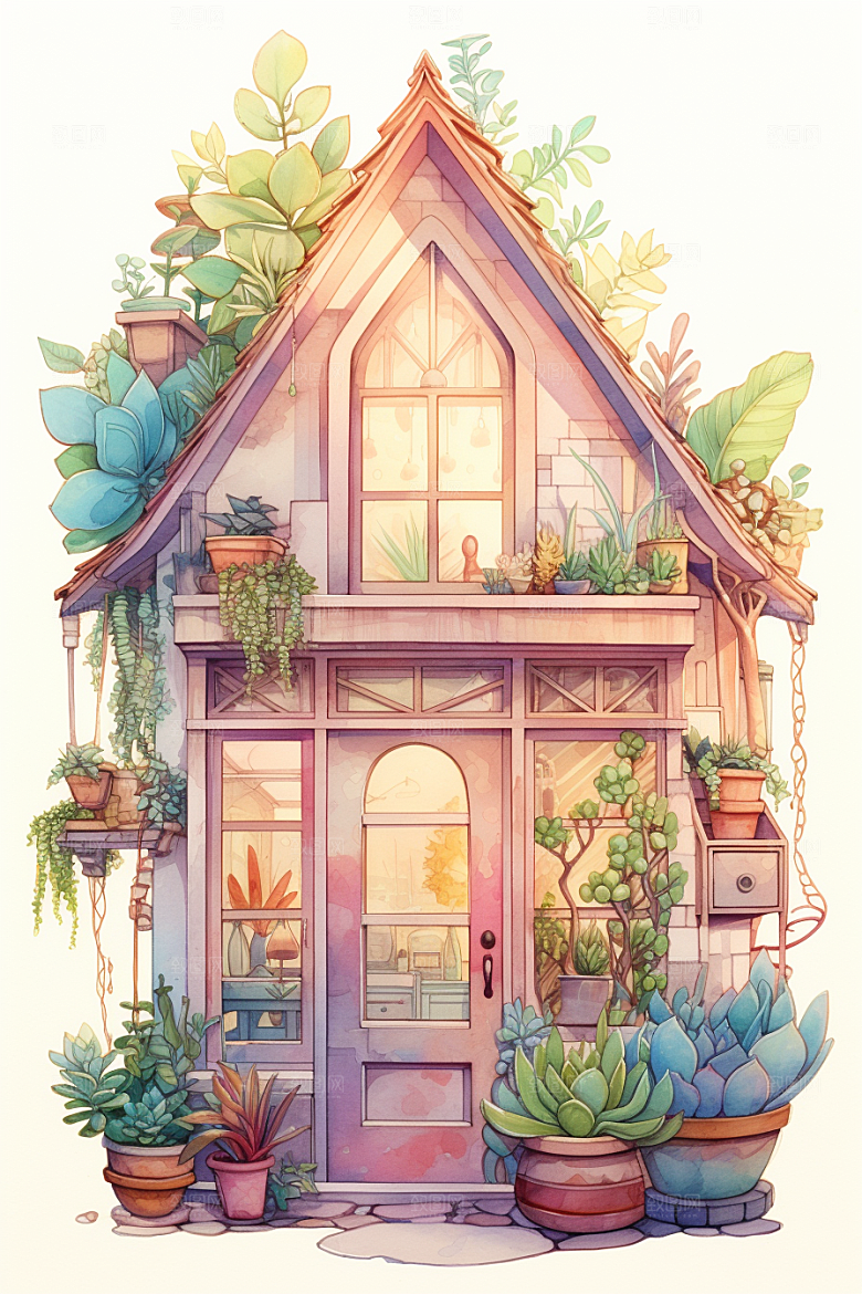 自然小屋高清清新水彩插画