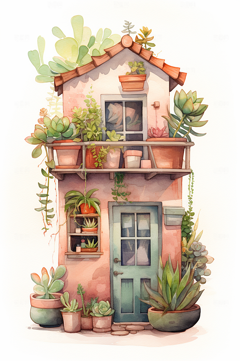 自然小屋花草手绘水彩插画