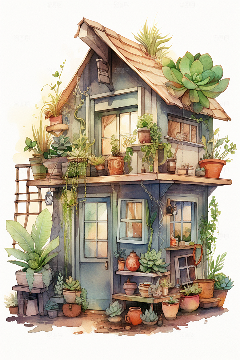 自然小屋清新小院水彩插画