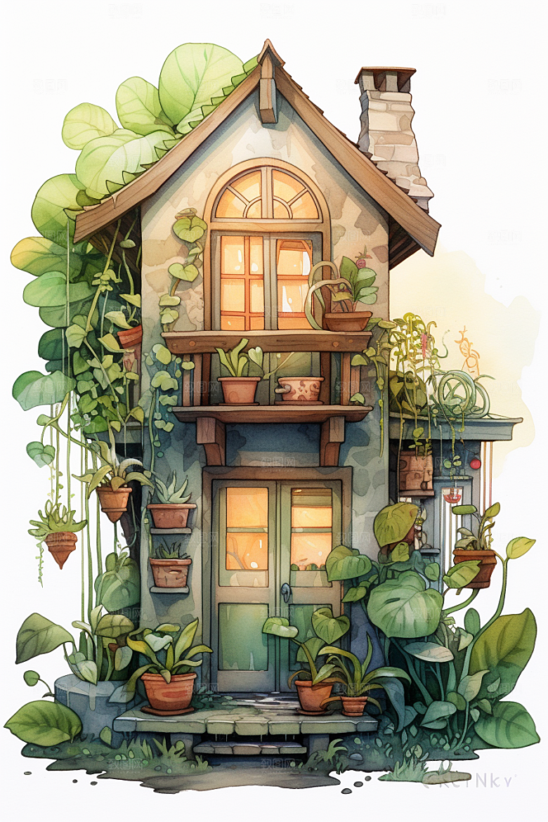 自然小屋植物花草水彩插画