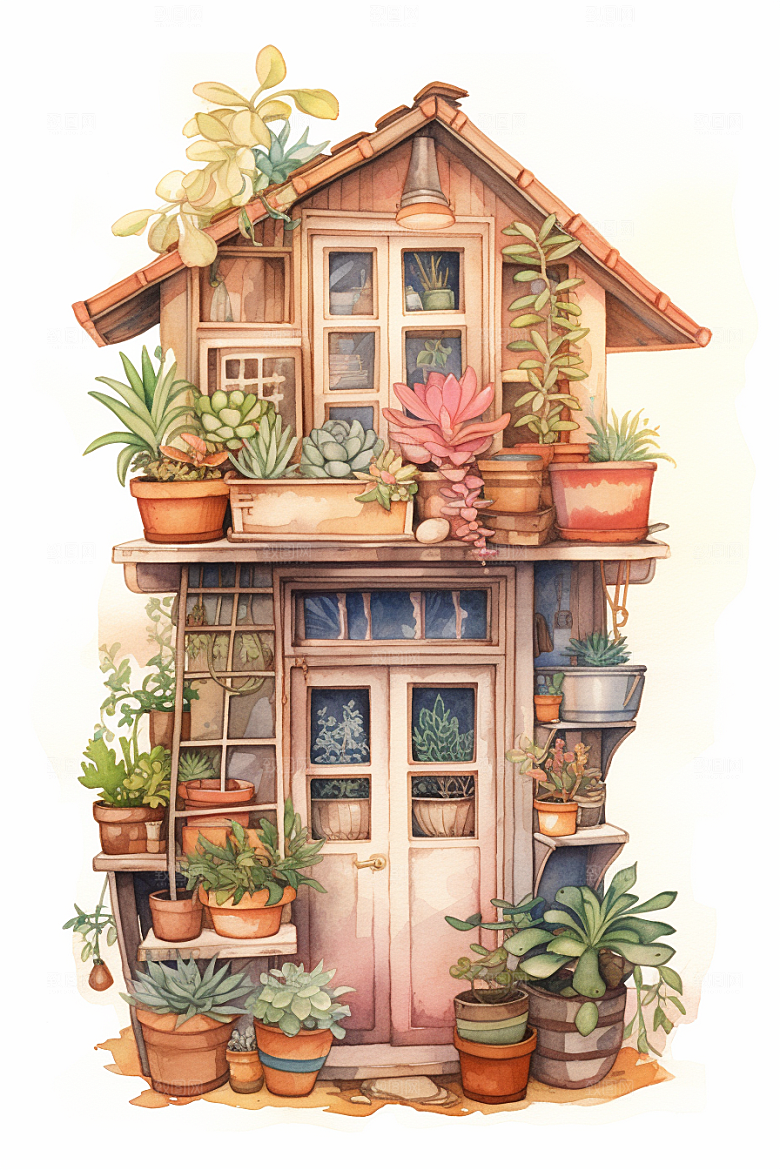 自然小屋花草清新水彩插画