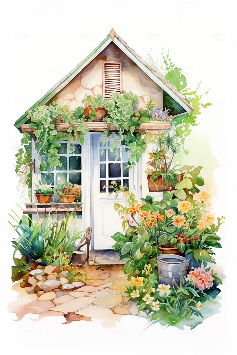 自然小屋唯美别墅水彩插画