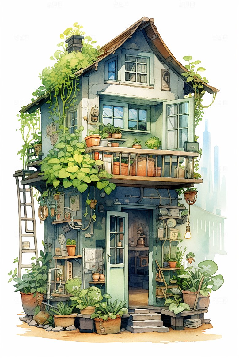 自然小屋庭院清新水彩插画
