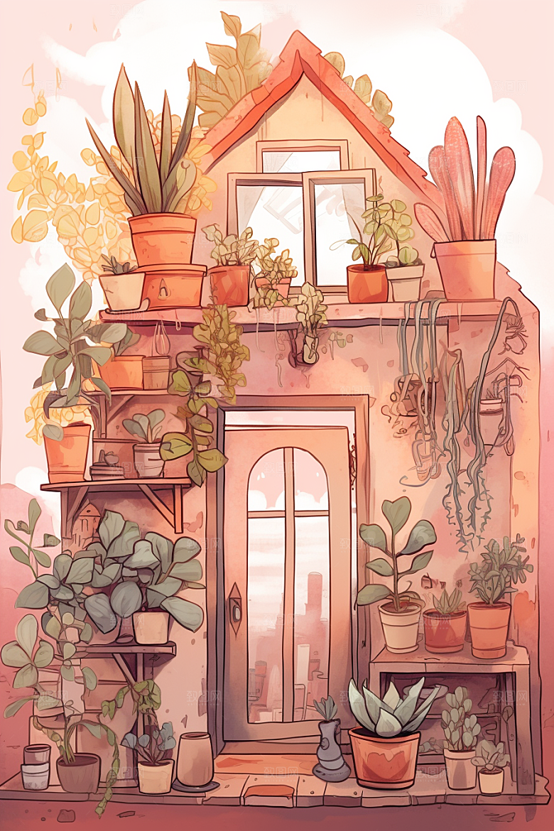 自然小屋小院绿色水彩插画