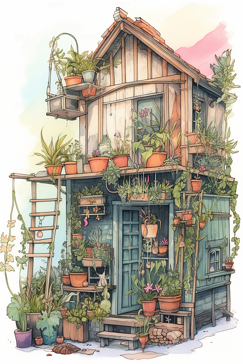 自然小屋高清庭院水彩插画