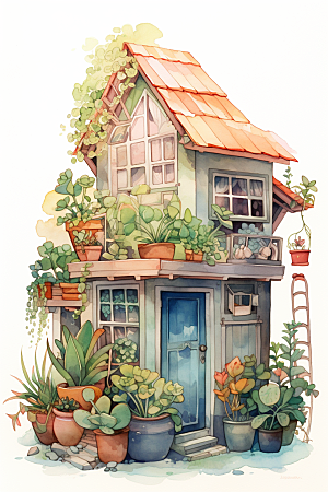 自然小屋手绘庭院水彩插画