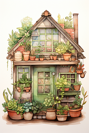 自然小屋花草手绘水彩插画