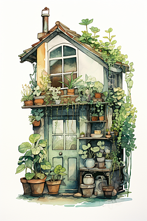 自然小屋植物高清水彩插画