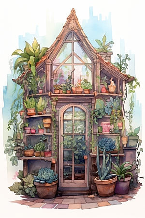 自然小屋庭院植物水彩插画