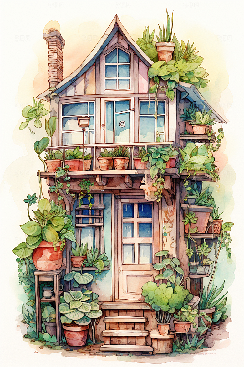 自然小屋绿植高清水彩插画