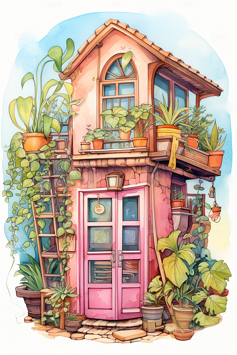 自然小屋手绘庭院水彩插画