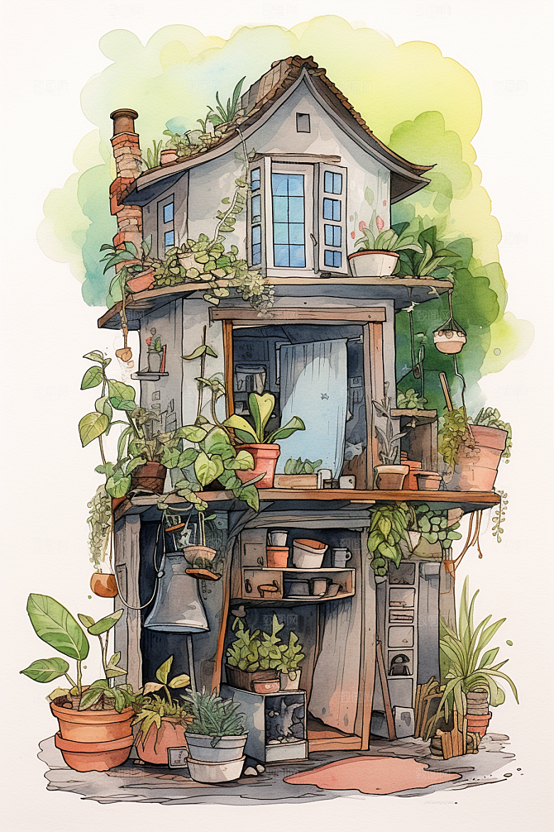 自然小屋植物绿植水彩插画
