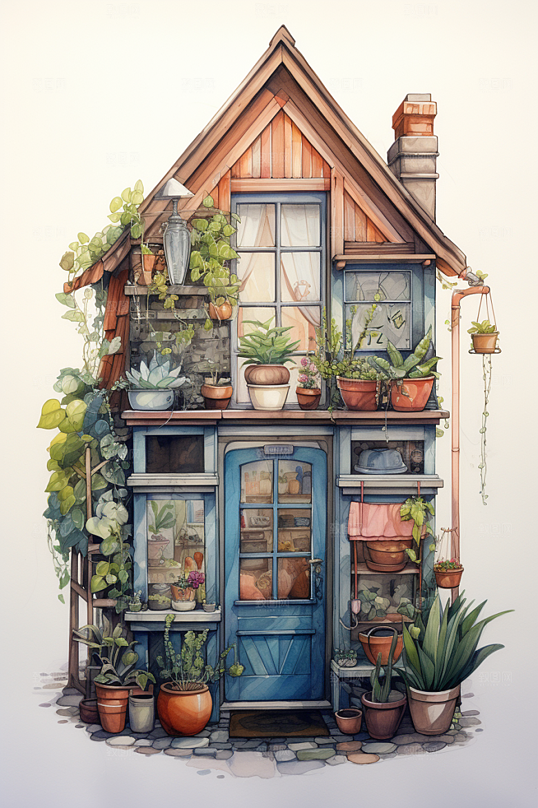 自然小屋手绘别墅水彩插画