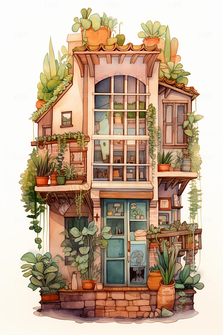 自然小屋植物小院水彩插画
