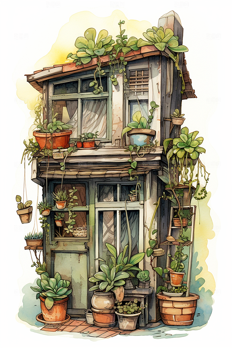 自然小屋清新花草水彩插画