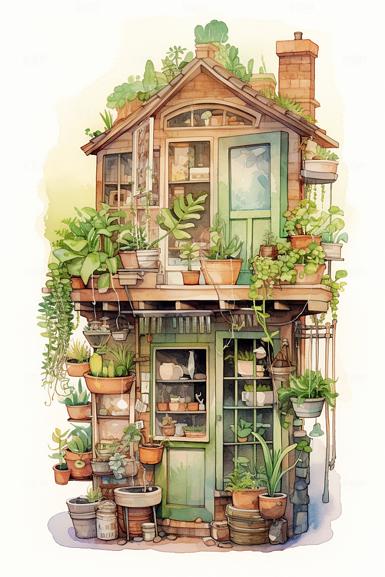 自然小屋绿色绿植水彩插画
