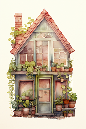 自然小屋植物绿色水彩插画