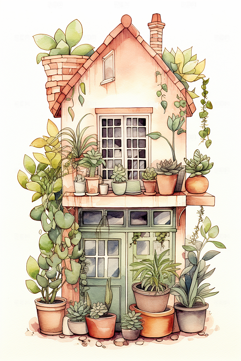 自然小屋植物花草水彩插画
