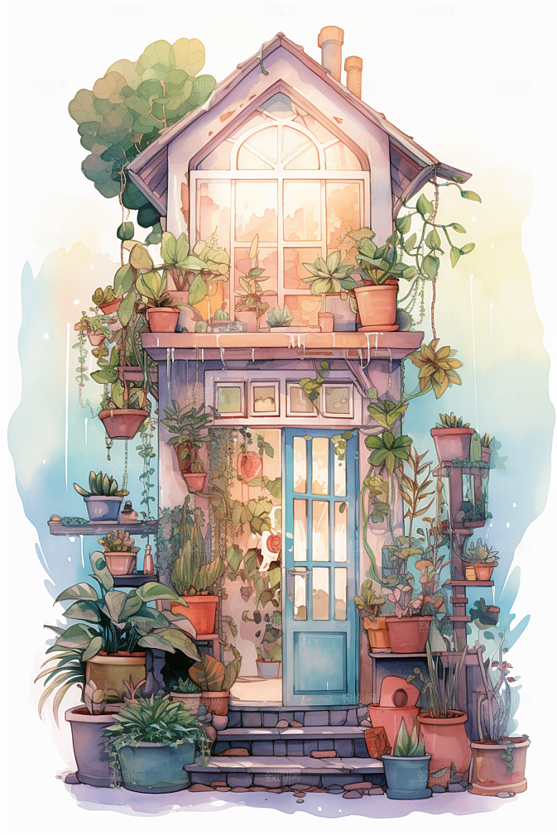 自然小屋绿色清新水彩插画