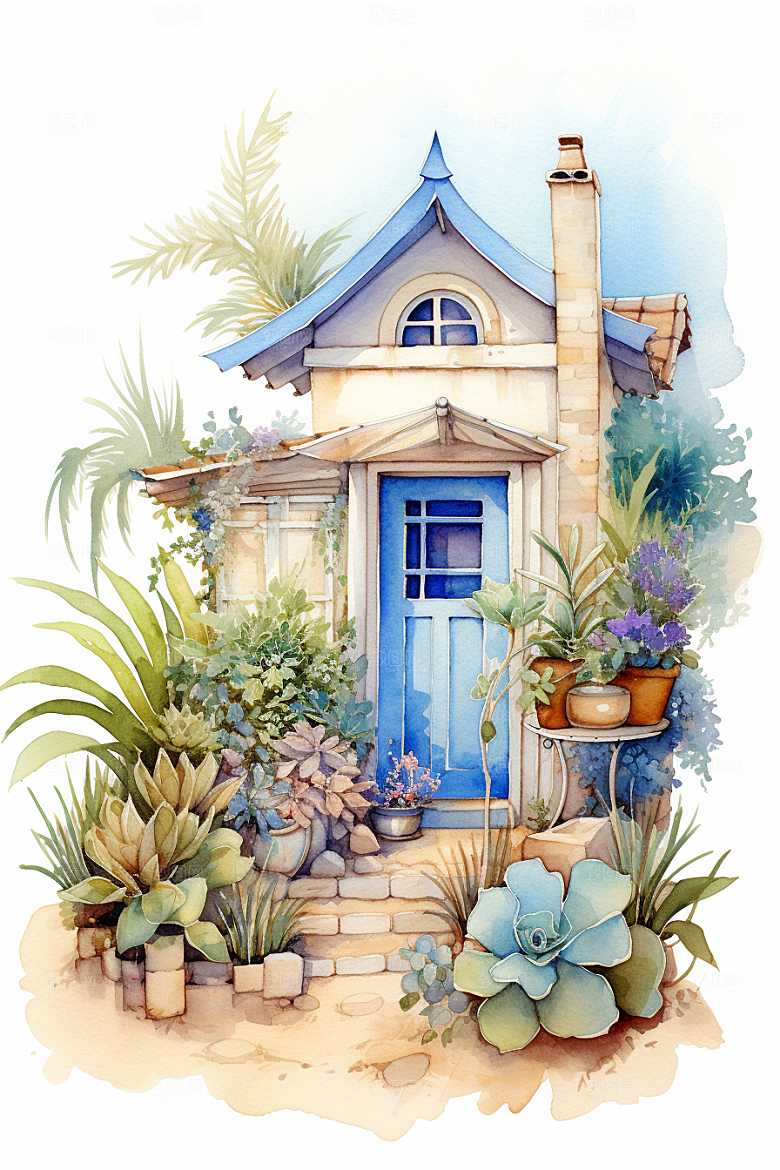 自然小屋手绘小院水彩插画