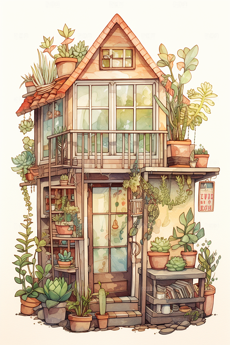 自然小屋手绘花草水彩插画