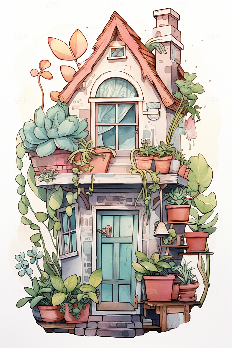 自然小屋唯美庭院水彩插画