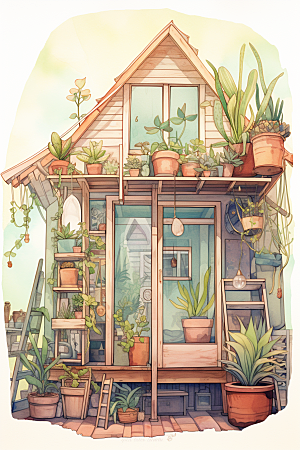 自然小屋绿色手绘水彩插画