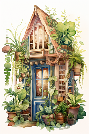 自然小屋清新绿植水彩插画