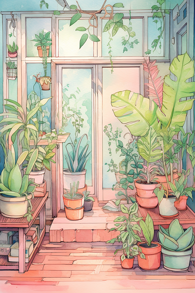 自然小屋小院绿植水彩插画