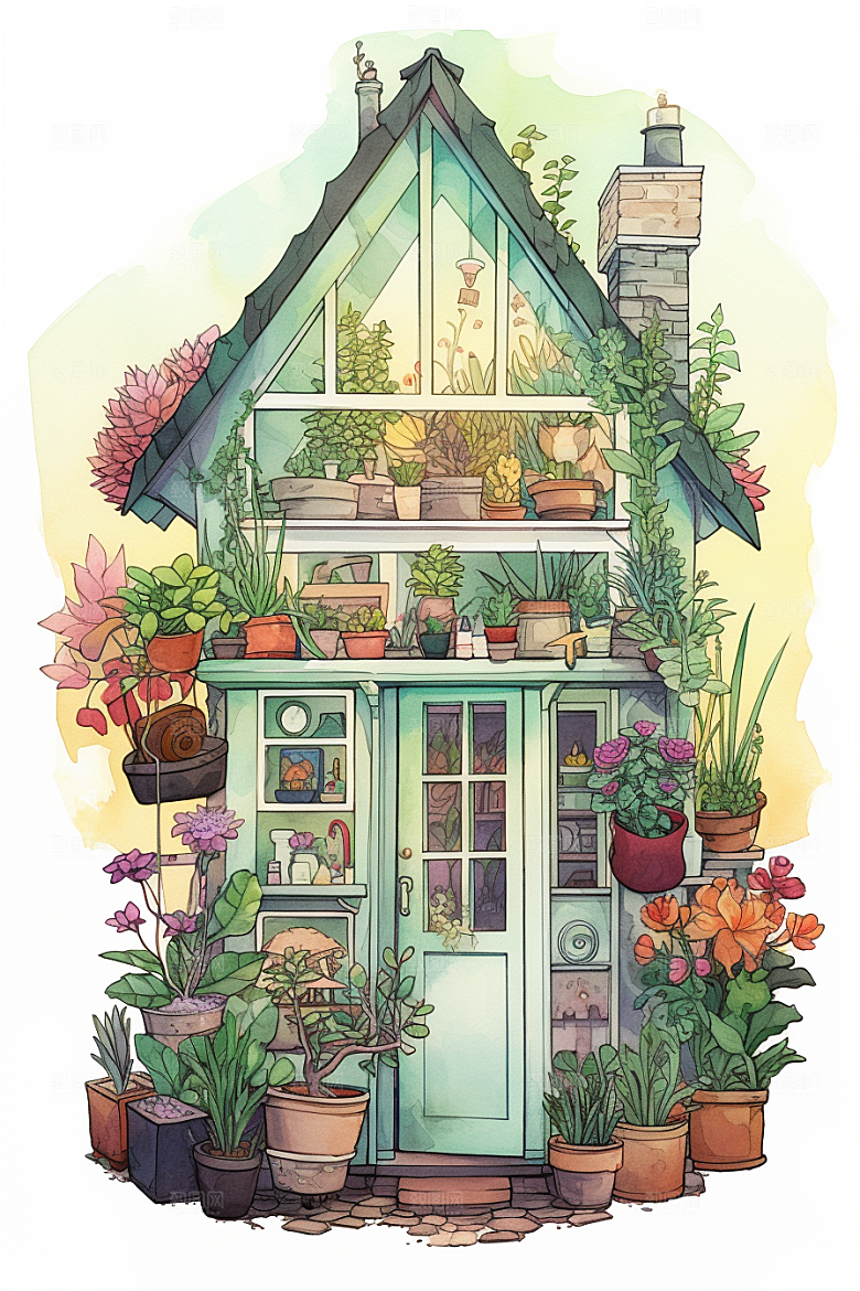 自然小屋绿植绿色水彩插画